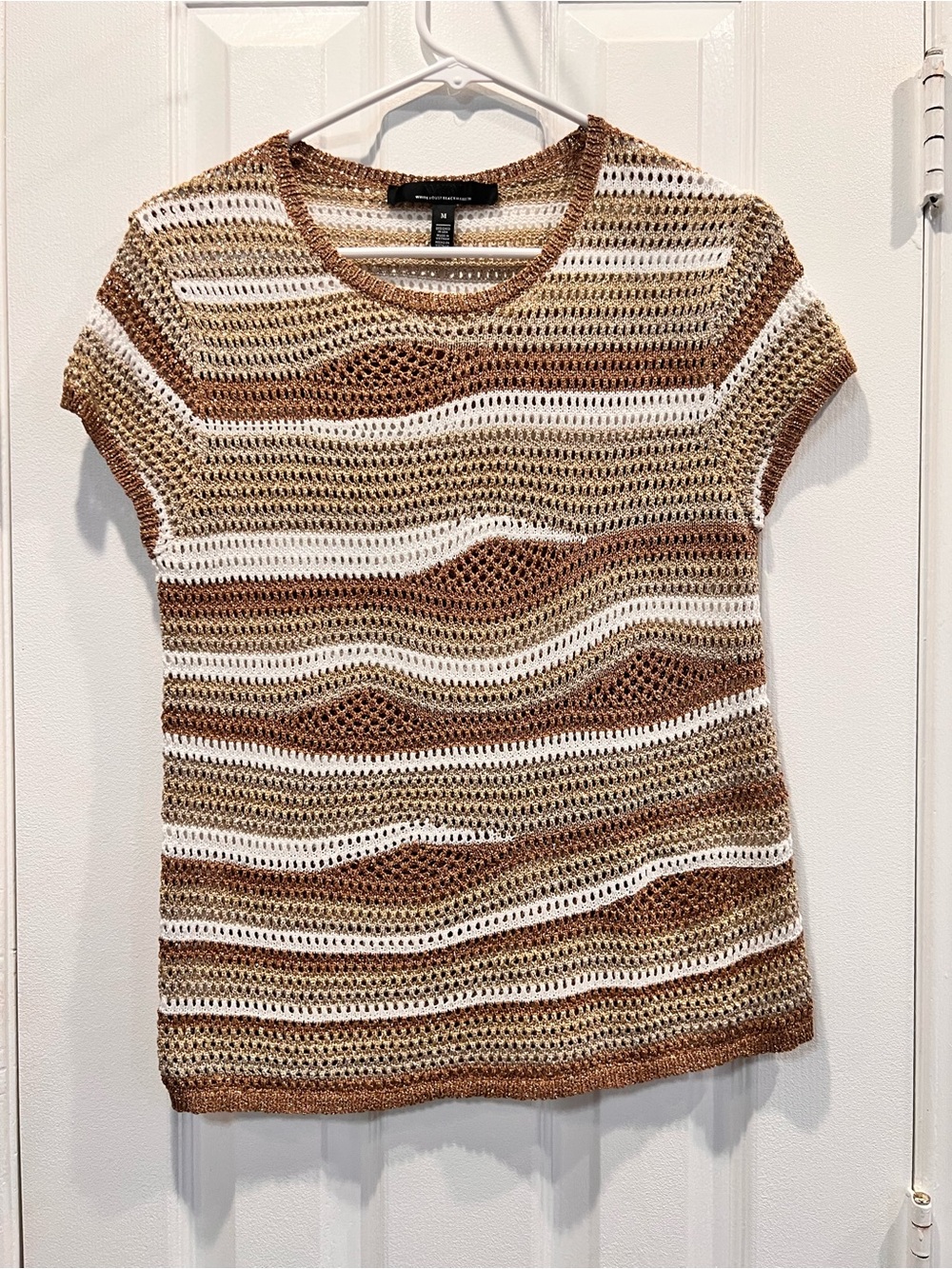 White House Black Market Open Knit Metallic Striped Short Sleeve Sweater M Boho - Picture 1 of 7